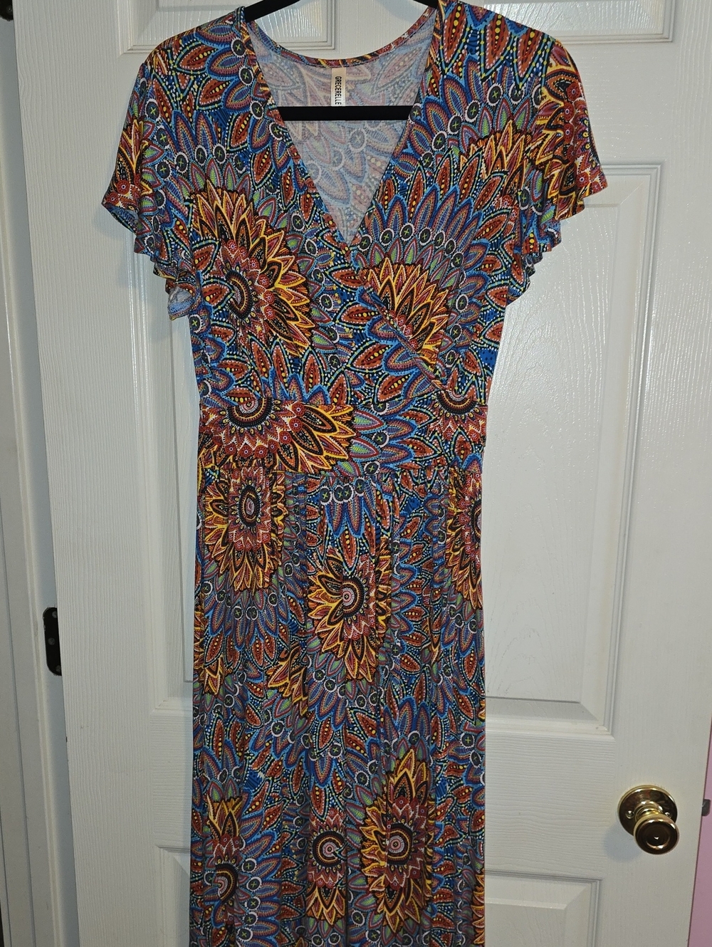 Boho Wrap Maxi Dress in Blue & Yellow Floral Medallion